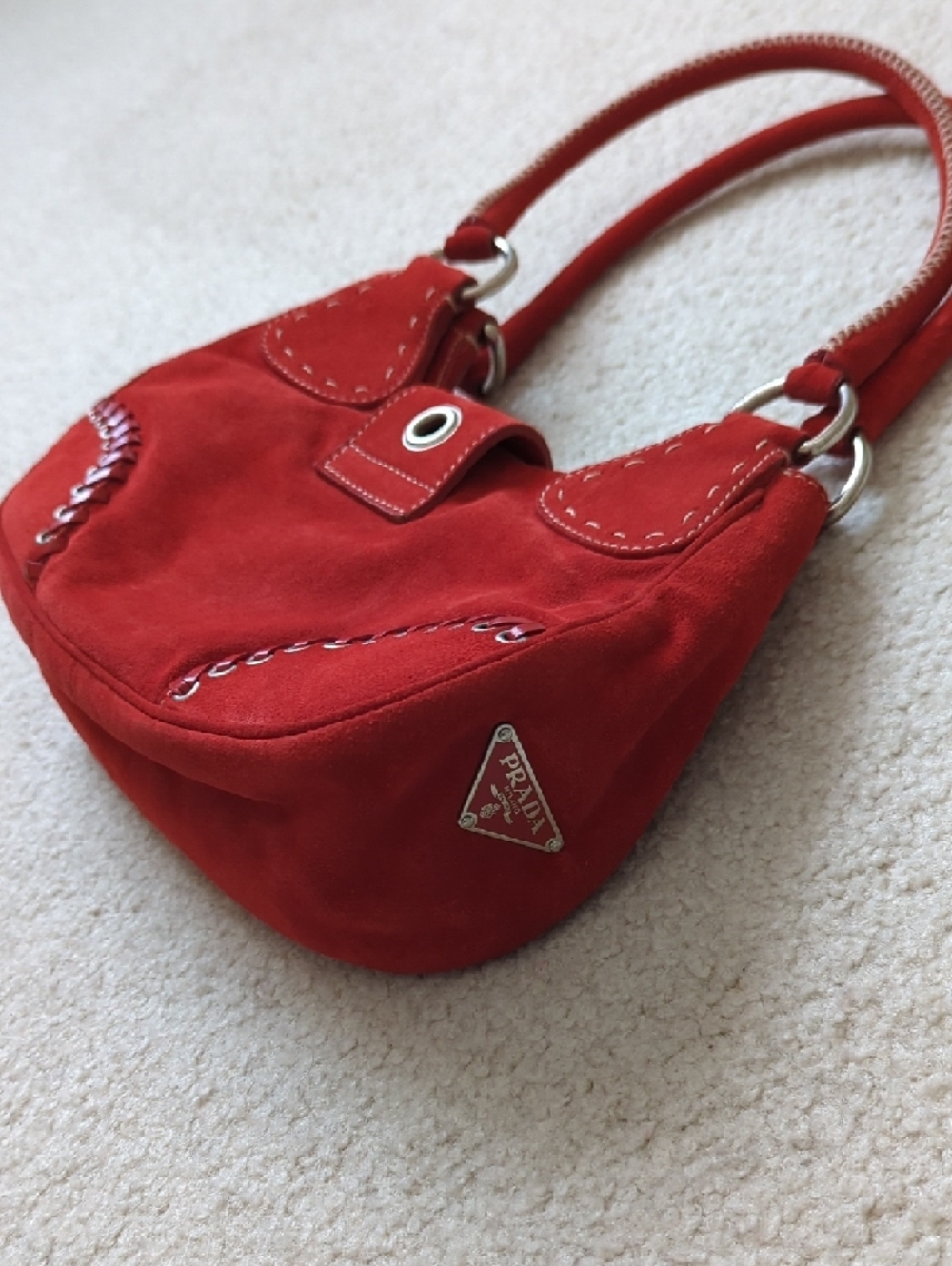 Prada Moon Red Suede Shoulder Bag with Silver-Tone Rings Like 🆕 - Picture 2 of 12